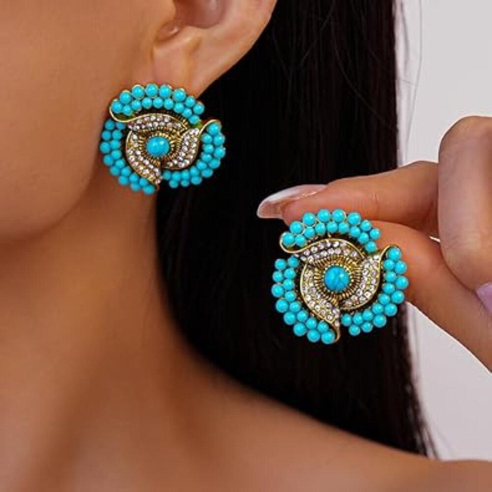 Bohemian Earrings Vintage Look Stud Turquoise‎ Rhinestones